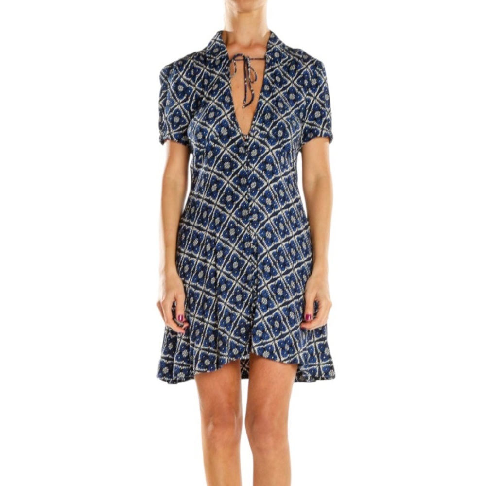 Free People Melody Dress Women’s US 4 Blue Black Ivory Geometric Mini‎ Tie-Front